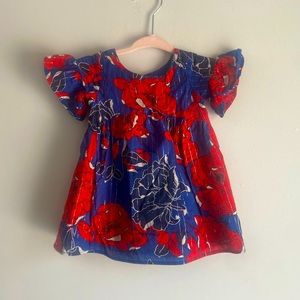 JANIE & JACK red & blue lurex floral flutter sleeve dress